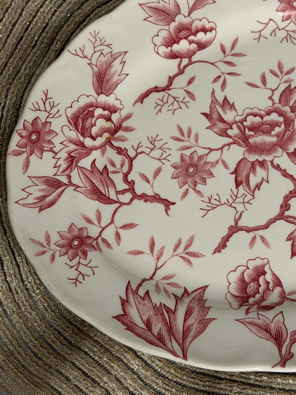 Vintage Pink Red Floral Ironstone Oval Serving Platter 12.5” Cottagecore Chic - Picture 3 of 6